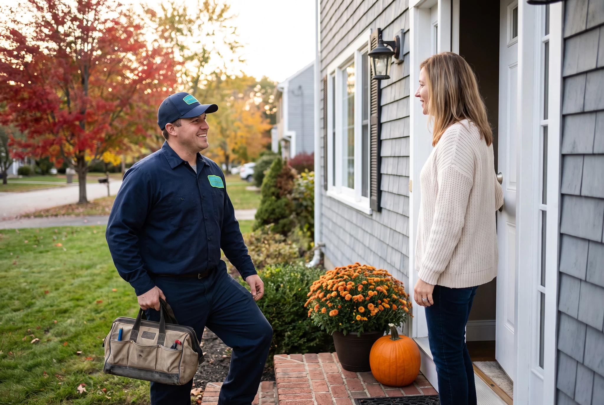 Service technician in navy uniform and cap greeting homeowner at front door, fall foliage and pumpkin in background