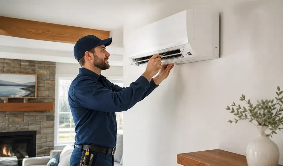 Male technician in navy uniform and cap installing white wall-mounted air conditioning unit in residential living room