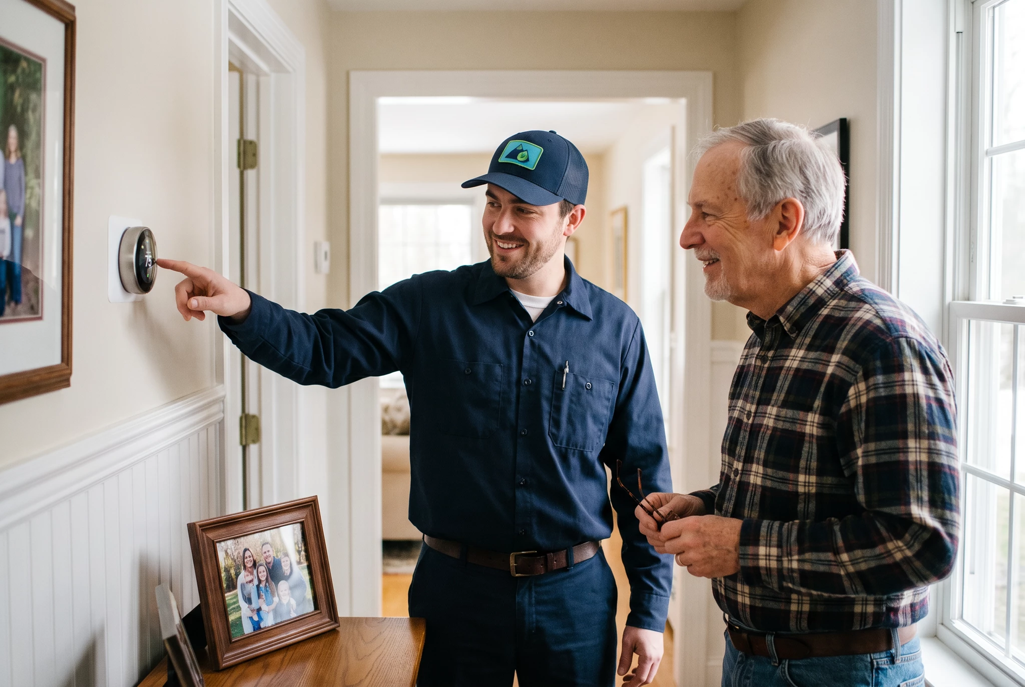 HVAC technician in navy uniform and cap pointing at wall thermostat while consulting with older homeowner in plaid shirt