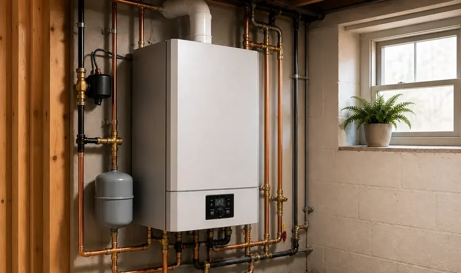 White condensing boiler with copper piping and expansion tank in residential utility room