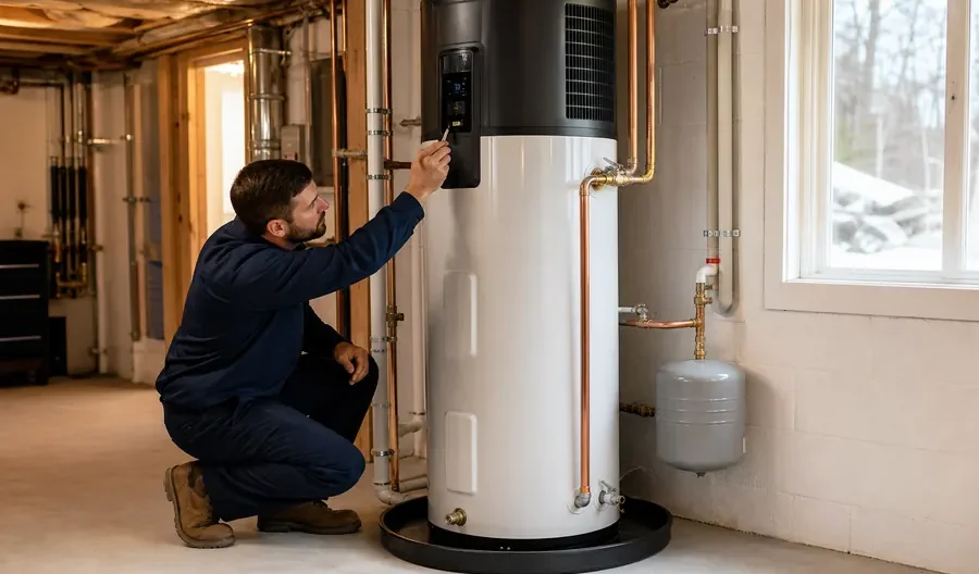 Male technician in navy jacket crouching beside white cylindrical water heater with black top in basement