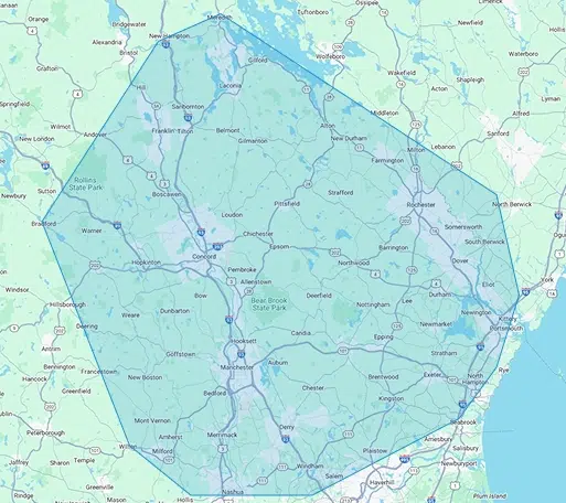 Regional service territory map with light blue overlay, roads and city labels, no on-image text, flat cartographic style