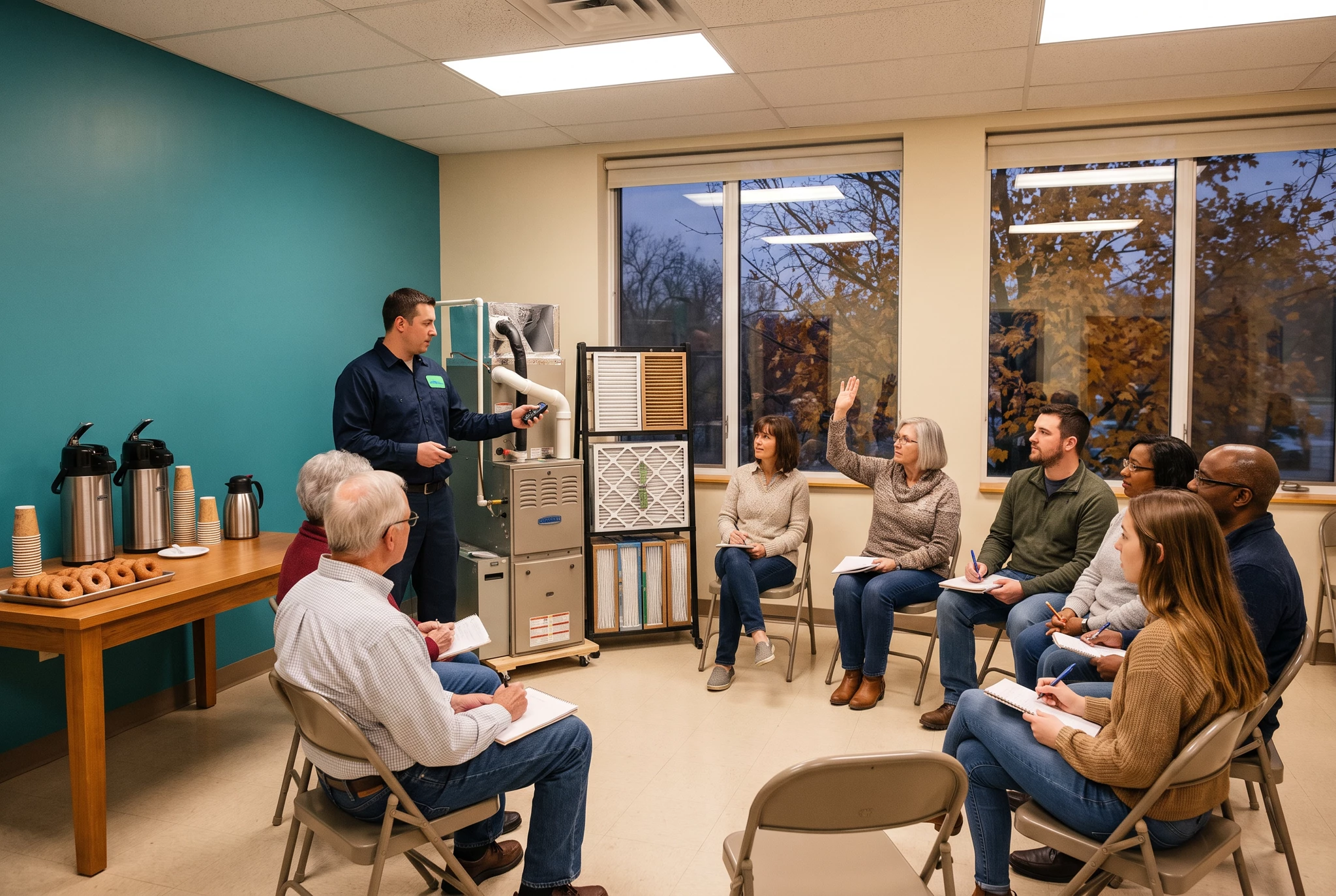 HVAC technician presenting heating and cooling equipment to diverse audience seated in semicircle